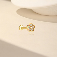 Gold Plated S925 Sterling Silver Flat Back Piercing Floral Design with Opal Internally Threaded Earring