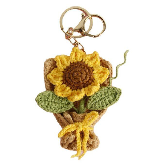 Handmade Soft Plush Crochet Knitted Rose Tulip Sunflower Bouquet Keychain Valentine's Gift Pendant