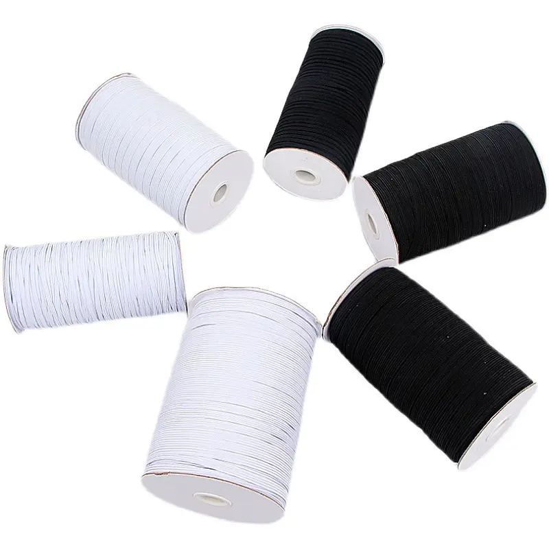 Double Fold Bias Tape White Black Flat Knitted Braided Elastic Band Braided Elastic Rope Stretch Strap Cord Roll 6mm for Sewing