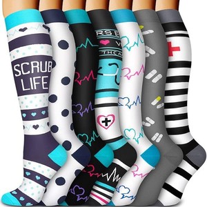 Calcetines deportivos hasta la rodilla con estampado para mujer y hombre, calcetines de compresión para correr, calcetines coloridos de nailon de talla alta Smlxl - Product Image 1