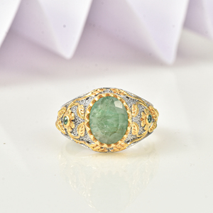 Anillo de Plata de Ley 925 con Esmeralda Ovalada, Chapado en Oro, Estilo Vintage, Hecho a Mano, Joyería de Diseño, Moku Jewellery MKJ2 - Product Image 1