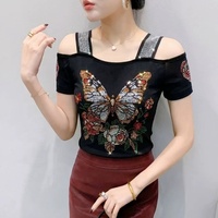 T-shirt personnalisé pour femme, à épaules dénudées, orné de papillons, de fleurs et de strass, brillant et pailleté, à manches courtes, pour soirée et boîte de nuit