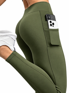 Leggings Yoga a Vita Alta con Tasche, Lunghezza alla Caviglia, Verde Tinta Unita, Senza Cuciture, Elasticizzati in Quattro Direzioni, Asciugatura Rapida, per Palestra e Fitness Estivo - Product Image 1