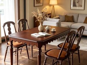 Vintage Dark <b>Wood</b> <b>Dining</b> <b>Table</b> Set, 4 Seater with Scalloped Edge & Upholstered Chairs - Product Image 6