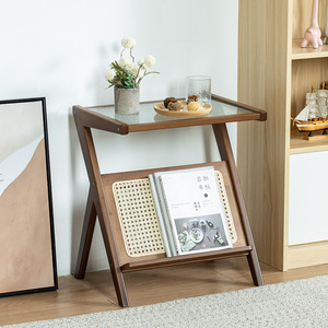 Japanese Style Rattan Glass <b>Side</b> <b>Table</b> With Storage For Living Room <b>Sofa</b> Coffee <b>Table</b> Bedside Use - Product Image 3