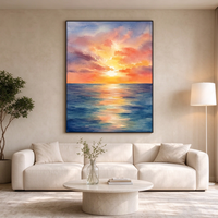 Grande Peinture Océanique Coucher de Soleil, Œuvre d'Art à l'Huile à l'Impasto Épais, Décoration Murale sur Toile Thème Plage et Côte, Décoration Moderne pour Entrée Paysage Marin au Coucher de Soleil
