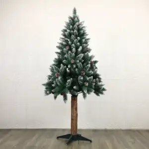 新款圣诞树绿色木杆树染色白色聚氯乙烯加松果圣诞树仿真树干精致风格