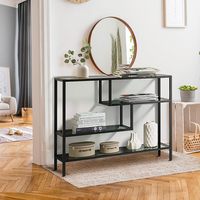 Table console moderne en MDF écologique avec plateau en verre trempé et base en tréteau, meubles de salon