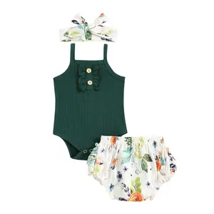 Nieuwe Pasgeboren Kid Baby Meisjes Katoenen Kleding Gebreide Geribbelde Crop Tank Tops + Shorts Bloemen Bloeiers Outfits Romper