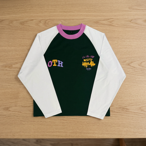 T-shirt à manches raglan pour femme, vert, blanc, rose, col rond, imprimé logo OTH, décontracté, manches longues, jersey en coton, coupe classique - Product Image 2