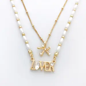 Fashion jewelry double layer Beaded gold plated letter diamond pendant necklace for women