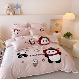 Cartoon Embroidery Comforter Duvet Cover 100S Cotton Bed <strong>Sheet</strong> Pink Pillow case Home Textile Kids Bedding Set - Product Image 2