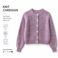 Cardigan personnalisé pour femme, style vintage, en tricot épais à carreaux, anti-plis, col rond, boutonné, à manches lanternes côtelées, coupe standard