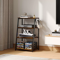 Support multimédia trapézoïdal à 4 niveaux en bois et métal avec crochets, étagère de rangement pour disques vinyles, étagère pour console de jeux pour la maison, le salon