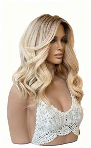Perruque Lace Front Ondulée Ombrée Brun au <span class=keywords><strong>Blond</strong></span> Platine, Perruque <span class=keywords><strong>Mi</strong></span>-Longue à l'Aspect Naturel pour <span class=keywords><strong>Femme</strong></span> - Product Image 3