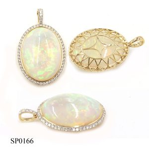 14K Yellow Gold Luxury Charm <b>Pendant</b> with Oval <b>Opal</b> 28.65 CT and Round White Diamond 0.91 CT for Religious Ceremonies - Product Image 2