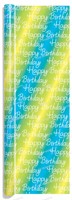 Papier d'emballage recyclable métallisé personnalisé avec lettres colorées et audacieuses « Joyeux Anniversaire », fond multicolore vibrant imprimé, en vrac, pour cadeaux