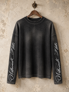 Sweat-shirt pour homme à manches longues en tricot gaufré dégradé bleu personnalisé par le fabricant, avec imprimé lettres cursives sur les manches et épaules tombantes - Product Image 1