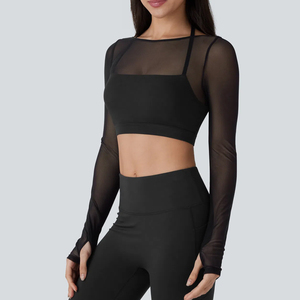 Nouveau populaire licou dos nu à manches longues trou de pouce contraste maille 2-en-1 recadrée Yoga haut de sport avec coussinets amovibles <span class=keywords><strong>soutien</strong></span>-<span class=keywords><strong>gorge</strong></span> - Product Image 6