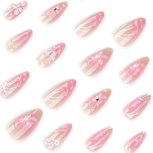 24 <span class=keywords><strong>Uñas</strong></span> Acrílicas en Color <span class=keywords><strong>Rosa</strong></span> <span class=keywords><strong>Almendra</strong></span> con Diseño de Flores 3D, Hechas a Máquina y Semi-Manuales, <span class=keywords><strong>Uñas</strong></span> Postizas de ABS para Presionar, Venta al por Mayor - Product Image 3
