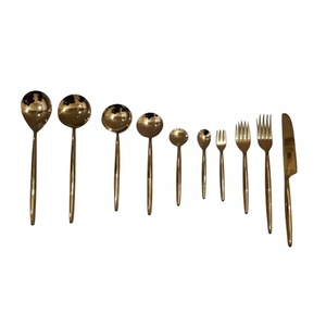 <b>Gold</b> Plated Stainless Steel Cutlery Set <b>Mirror</b> Finish Modern Design <b>Long</b> Handle Dinner Spoon Fork Knife Wedding Occasion Durable - Product Image 1