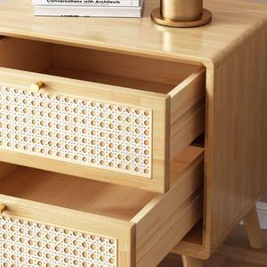Solid Wood <b>Bedside</b> Table With Wicker Drawers Natural Color Japanese Style Bedroom <b>Storage</b> Cabinet - Product Image 4