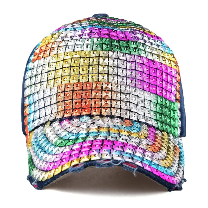 Gorra de béisbol Bejeweled vaquera ajustable con cristales de diamantes de imitación con tachuelas elegantes para mujer