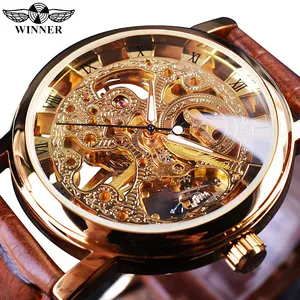 Gagnant montres-bracelets hommes montre de luxe Transparent boîtier doré Design décontracté en cuir marron montres pour hommes montre squelette mécanique