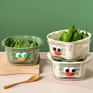 Double Layer Drain <b>Basket</b> Plastic Fruit <b>Vegetable</b> Washing Filter 15.5x15.5x8cm Green And White Household Kitchen Strainer - Product Image 1