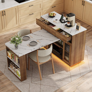 Îlot de cuisine moderne SENYU en bois avec plateau en marbre, rangement multifonctionnel et station à café intégrée - Product Image 1