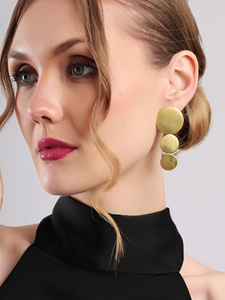 Pendientes de botón con diseño de disco triple lineal, acabado dorado cepillado, joyería de moda geométrica moderna para mujer - Product Image 4
