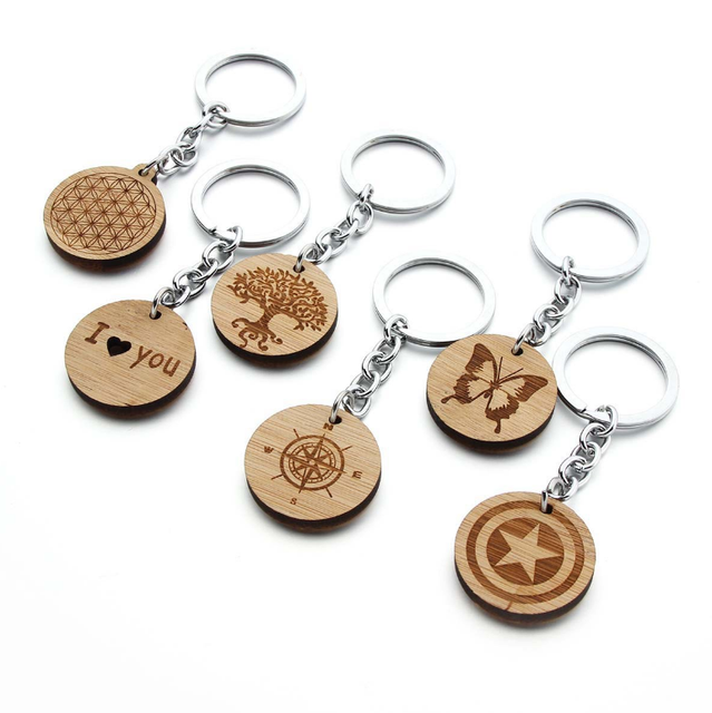 Online Sale Wooden Keychain Business Promotion Souvenir Gift Tag Chain With Back Card Holder Display Wooden Keychain