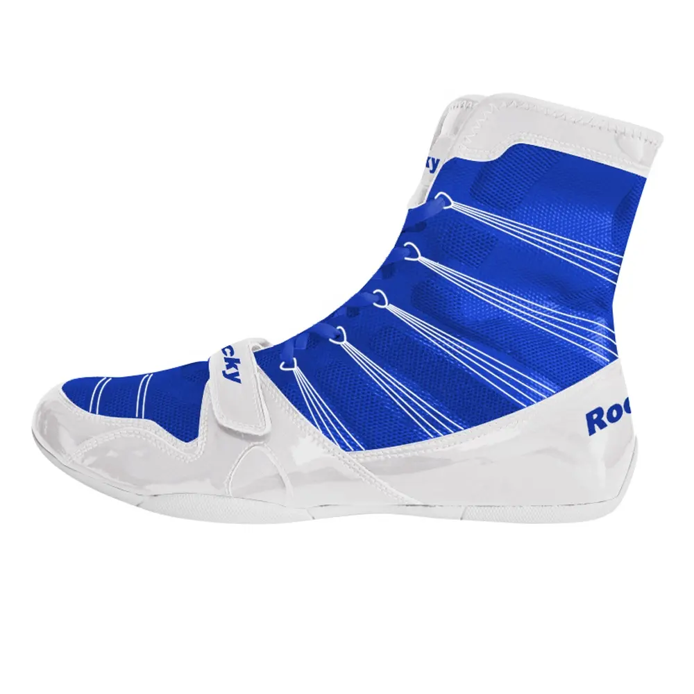 Wholesale OEM Custom men boxing shoes rubber outsole breathable sneakers white blue wrestling shoes