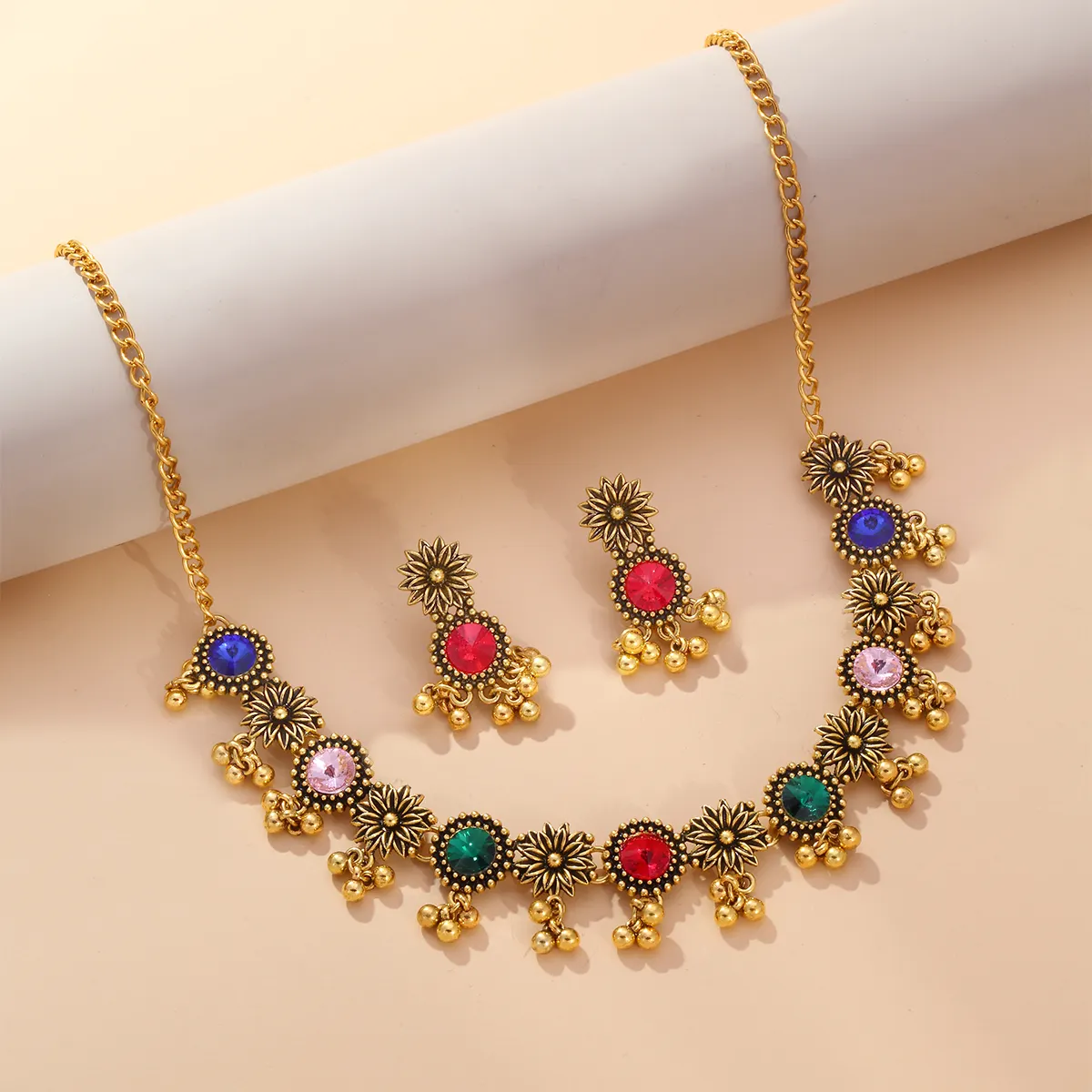 CDD Ethnic Inlaid Crystal Stone Women's Necklace Earrings Sets Vintage Indian Jewelry Set Luxury Gifts