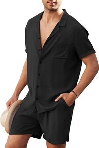 Camicia di <span class=keywords><strong>lino</strong></span> abiti corti da <span class=keywords><strong>uomo</strong></span> <span class=keywords><strong>spiaggia</strong></span> 2 pezzi Casual abbottonatura - Product Image 4