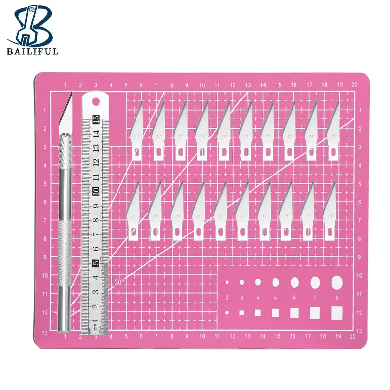 Professionele Diy Leather Craft Handgemaakte Snijden Product Naaien Werken Tool Set A5 Roze Snijplank 15Cm Stalen Liniaal