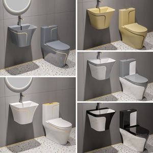 Inodoro de Cerámica de Alta Calidad con Borde Dorado Negro de Lujo, Lavabo Suspendido en la Pared, Juego de Inodoro de Una Pieza - Product Image 4