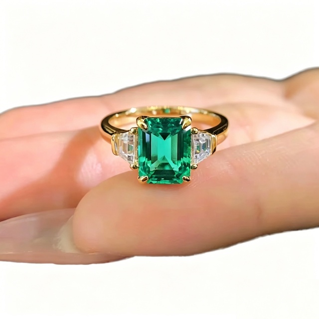 Emerald Cut Green Emerald Ring 18K Real Gold Diamond Wedding Party Fine Jewelry for Women