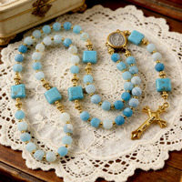 Chapelet Catholique Perles en Pierre Naturelle Collier Crucifix Bijoux de Prière Religieux Accessoire de Bijouterie Chrétienne