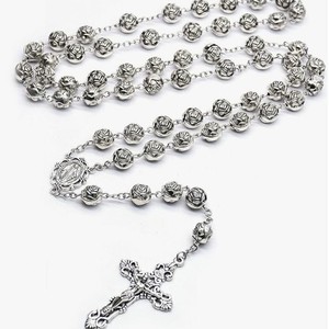 Rosario Católico Retro con Cuentas de Rosa y Cruz, Collar de Aleación de Zinc, Joyería Cristiana, Regalos para Iglesia, Venta al por Mayor - Product Image 3