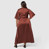 Robe décontractée grande taille pour femme, robe unie pour femme, robe longue modeste en soie personnalisée à manches courtes, col en V et devant noué