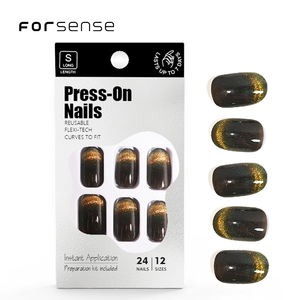 Logotipo personalizado Diseño de Ojos de gato Prensa en <span class=keywords><strong>uñas</strong></span> Kit Embalaje encantador Juego de <span class=keywords><strong>uñas</strong></span> postizas ovaladas cortas Punta de <span class=keywords><strong>uñas</strong></span> postizas de Oro Negro magnético - Product Image 1