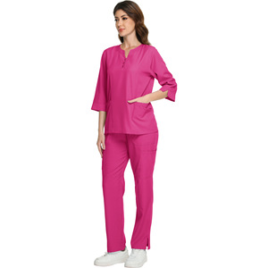 Women Medical <b>Scrub</b> <b>Set</b> Mid Sleeve V Neck Button Down Uniform Moisture Wicking For Pet Hospital Use - Product Image 5