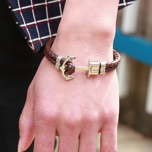 สร้อยข้อมือหนังถักสองชั้นประดับจี้สมอเรือ งานแฮนด์เมดคุณภาพสูงจากผู้ผลิตโดยตรง ปรับขนาดได้ - Product Image 4