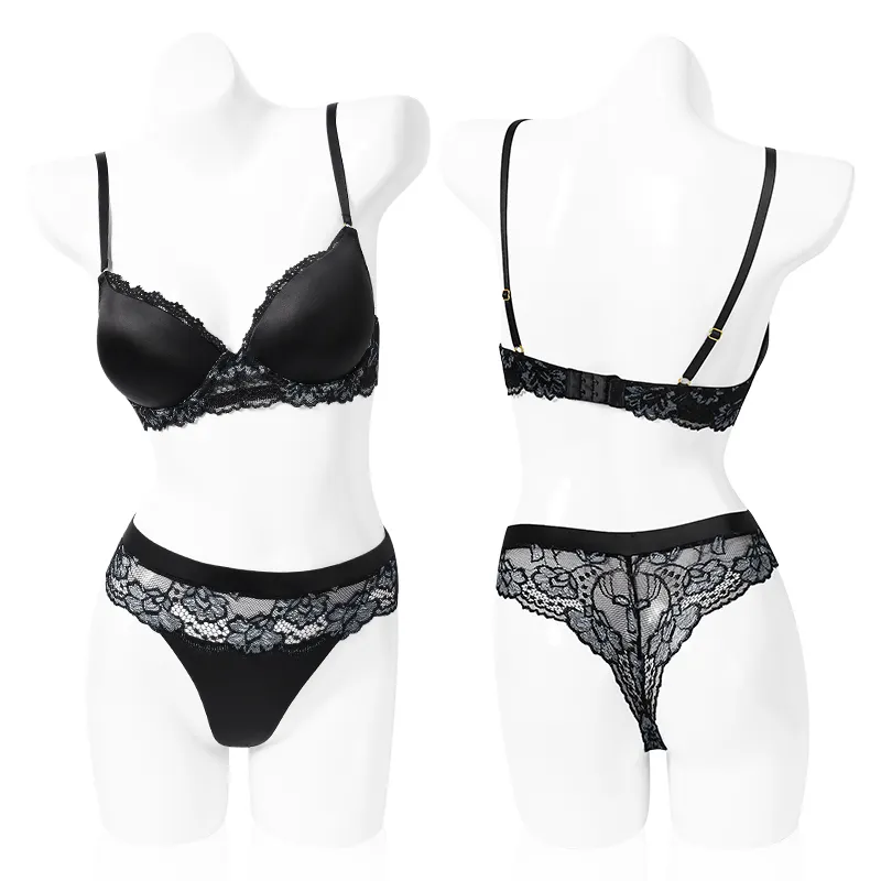New Design Black Thongs Sets Sexy Lace Soft Large Size Transparent C D E Cups Fat Women Bra And Panties
