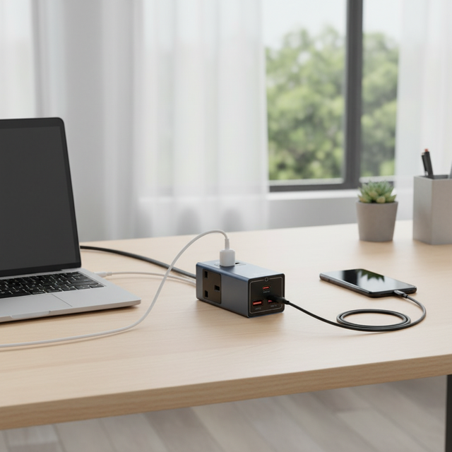 UK standard GaN Desktop Charging Station, 1 USB C + 2 USB A Ports 20W, 4 AC Sockets, Multi-Function Power Strip adapter