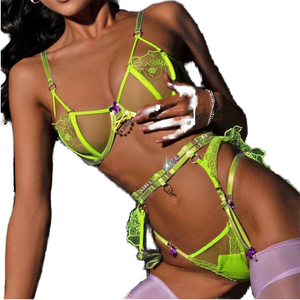 Kedatangan Baru Bra Transparan Hijau Neon Ramah Lingkungan Bernapas dengan Bordir 3D dan Renda Rajut, Kontrol Kuat, Lingerie Seksi - Product Image 1