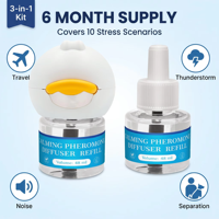Diffuseur de phéromones apaisantes pour petits chiens, classique, en plastique, à brancher, kit 3-en-1 avec 2 recharges de 48 ml, stockage de 6 mois pour soulager l'anxiété