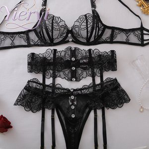 Ensemble de lingerie luxueuse <span class=keywords><strong>en</strong></span> dentelle noire, ensemble de lingerie sexy pour femmes avec jarretière, broderie <span class=keywords><strong>en</strong></span> strass, ensembles de lingerie grande taille - Product Image 4