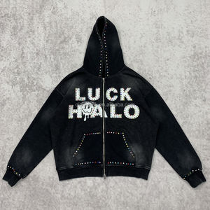 500Gsm มีฮู้ด Y2k โอเวอร์ไซส์ผ้าฝ้ายคุณภาพสูงเสื้อผ้าแนวสตรีทเสื้อมีฮู้ดผ้าบ็อกซี่ไซส์ใหญ่พิเศษประดับพลอยเทียมเสื้อมีซิปสามารถกันแดดได้ - Product Image 6